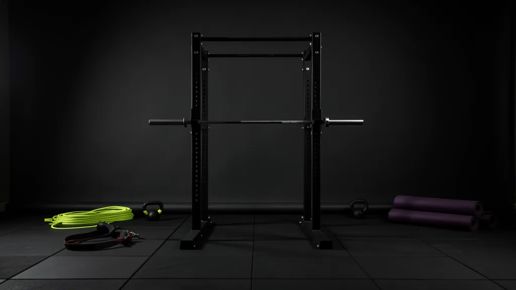 Black strength-training rack with kettlebells, resistance band, and exercise mats